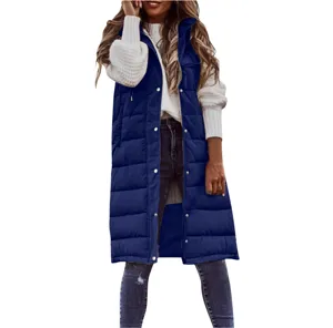 Women's long navy blue puffer vest winter casual quilted gilet sleeveless warm outerwear coat