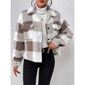 Women's brown and white plaid shearling cardigan jacket with pockets and buttons for casual wear.