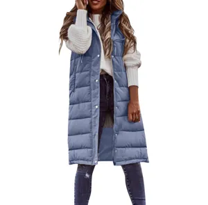 Women Long Puffer Vest Casual Sleeveless Open Front Down Gilet Outerwear Autumn Winter
