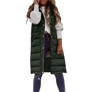 Detailed view of women long dark green puffer vest featuring stand collar and snap button closure.