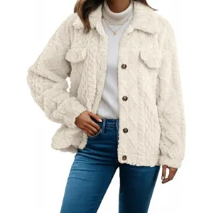 Women lapel fleece cardigan long sleeve casual warm winter button up coat outerwear top