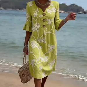 Green V-neck floral embroidered midi dress casual beach wear half sleeve loose fit dress for women