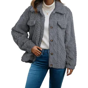 Women fleece jacket casual winter long sleeve fuzzy lapel button coat outerwear grey