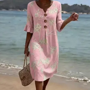 Women pink v-neck floral embroidered dress casual loose beach midi dress with half sleeves