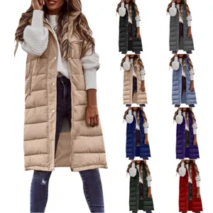 Women Mid-Long Hooded Padded Vest Quilted Sleeveless Jacket Solid Color Casual Outerwear Warm Cardigan With Pockets