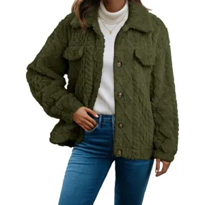 Women's green fuzzy fleece lapel button cardigan jacket casual warm winter outerwear top