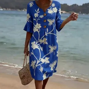 Women vacation style V-neck floral embroidered loose midi dress for summer beach main view