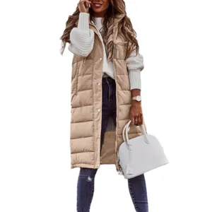 Women long puffer vest casual winter sleeveless outerwear warm quilted gilet jacket beige coat