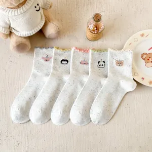 Cute Japanese style women socks with cute cartoon embroidery and lettuce trim, breathable.