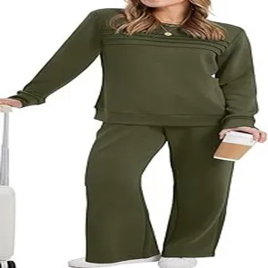 Detailed view of the army green long sleeve sweatshirt and matching trousers casual two-piece set.