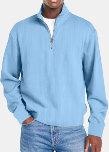 Maglione casual da uomo a maniche lunghe con mezza zip e dettagli in tessuto a coste.