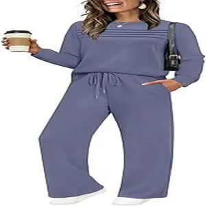 Casual long sleeve sweatshirt and wide leg pants loungewear set for women autumn fashion.