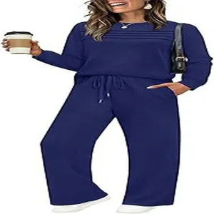 Women long sleeve lounge set solid color casual two piece outfit wide leg pants pocket top
