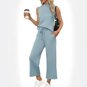 Women Top And Bottom Cotton Spandex Sleeveless Vest High Waist Wide Leg Capris Casual Solid Color Patchwork Summer Outfit