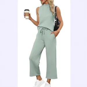 Women sleeveless top and wide leg pants summer two piece set casual stylish outfit