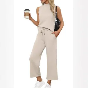 Women summer casual sleeveless top wide leg pants set chic two piece outfit beige