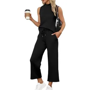 Women summer casual sleeveless top and high waist wide leg pants two piece outfit.