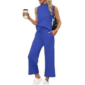 Women Summer Blue Two-Piece Set Sleeveless Top Wide Leg Cropped Pants Casual Outfit
