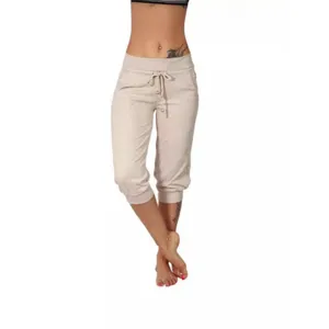 Pantalon de loisirs capri en tricot pour femme avec taille élastique à cordon et poches.