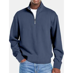 Pullover da Uomo con Mezza Cerniera a Costine Maglia a Manica Lunga Collo Alto Tinta Unita Casual Sportivo Patchwork Top Autunno