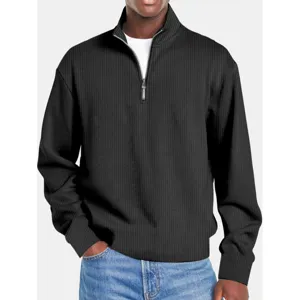 Maglione nero casual da uomo a manica lunga con zip e costine vista principale prodotto