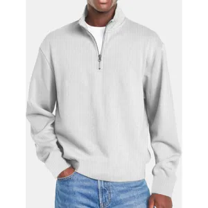 Maglione uomo maniche lunghe mezza zip in maglia a costole grigio chiaro, vista principale.