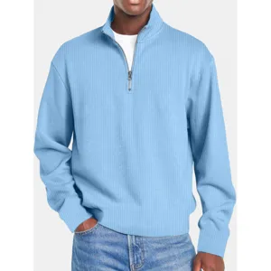 Maglione casual da uomo azzurro a coste con mezza zip manica lunga pullover elegante
