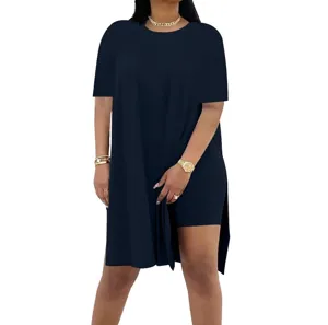 Summer women casual solid color loose round neck short sleeve top and shorts two-piece set