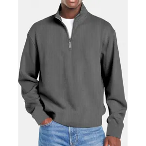 Maglione da uomo grigio scuro a coste con mezza zip top casual a maniche lunghe autunnale