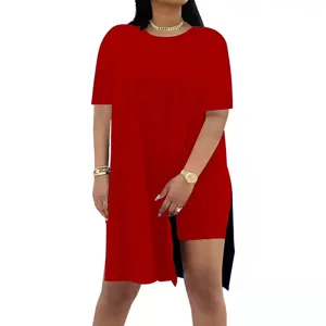 Red short sleeve top and shorts two piece set, casual loose fit outfit, side split design detail.