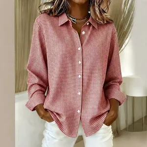 Women Casual Plaid Long Sleeve Shirt Lapel Button Down Gingham Blouse Cotton Linen Top For Everyday Office Wear Trendy Fashion