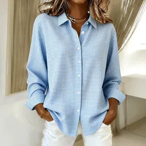 Women's blue and white checkered long sleeve button-down shirt casual turn-down collar top