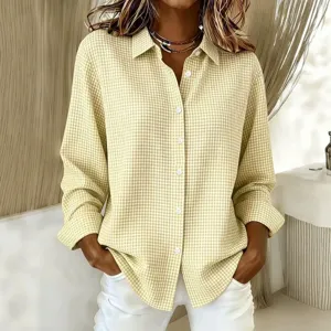 Women's yellow gingham long sleeve turn-down collar button up casual shirt for daily wear.
