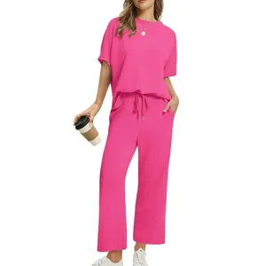 Casual summer women solid color short sleeve top and wide leg pants lounge set detail