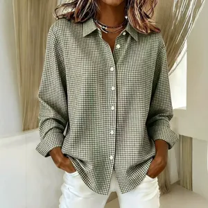 Women Green Plaid Long Sleeve Button Down Shirt Casual Turn Down Collar Blouse Top