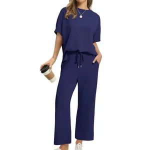 Casual dark blue short sleeve top and wide leg pants set detail view comfort apparel