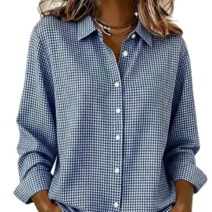 Blue and white gingham long sleeve button-up shirt for women casual daily wear top.