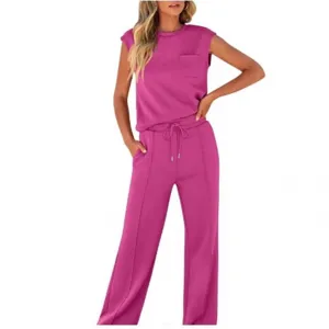 Women Casual Sleeveless Vest Top And High Waist Drawstring Wide Leg Pants Top And Bottom Solid Color Summer Loungewear