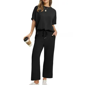 Women summer casual solid black short sleeve top and wide leg pants two piece lounge set