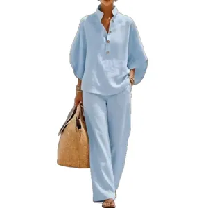Women casual two piece linen set light blue long sleeve button shirt and matching pants