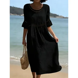 Elegant black round neck mid-sleeve solid color women casual midi dress for summer beach.