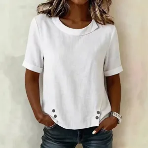 Women's Casual Cotton Linen Short Sleeve Crewneck Loose Top Asymmetric Button Design Summer Basic T-Shirt