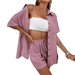 Women casual two-piece outfit solid color short sleeve shirt crop top and shorts set summer fashion wear