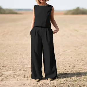 Completo donna in cotone e lino tinta unita top senza maniche e pantaloni ampi casual