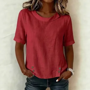 Women casual short sleeve linen round neck loose blouse with asymmetrical button design.