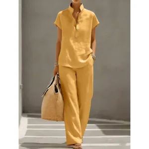 Women casual solid color short sleeve shirt and long pants two piece linen set summer
