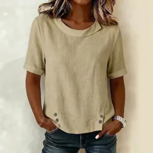 Women Short Sleeve Linen Blouse Casual Loose Round Neck Top Asymmetric Buttons Summer Shirt
