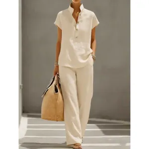 Casual women solid color short sleeve long pants set, comfortable daily wear outfit.