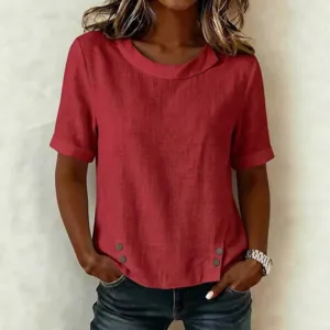 Women linen blend short sleeve blouse casual loose round neck top with asymmetric buttons