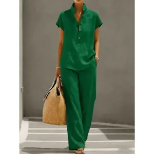 Women casual solid color lounge set short sleeve top and long pants summer green outfit main view